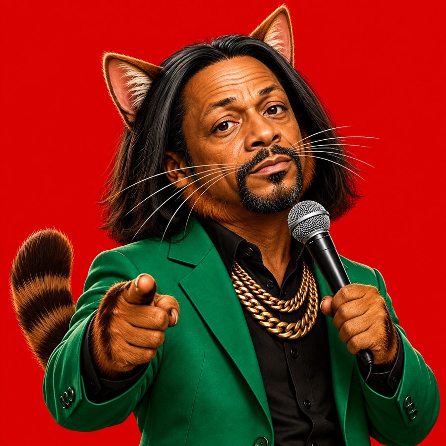 $CAT Williams in a green suit and gold chains, pointing at the viewer with a microphone in hand